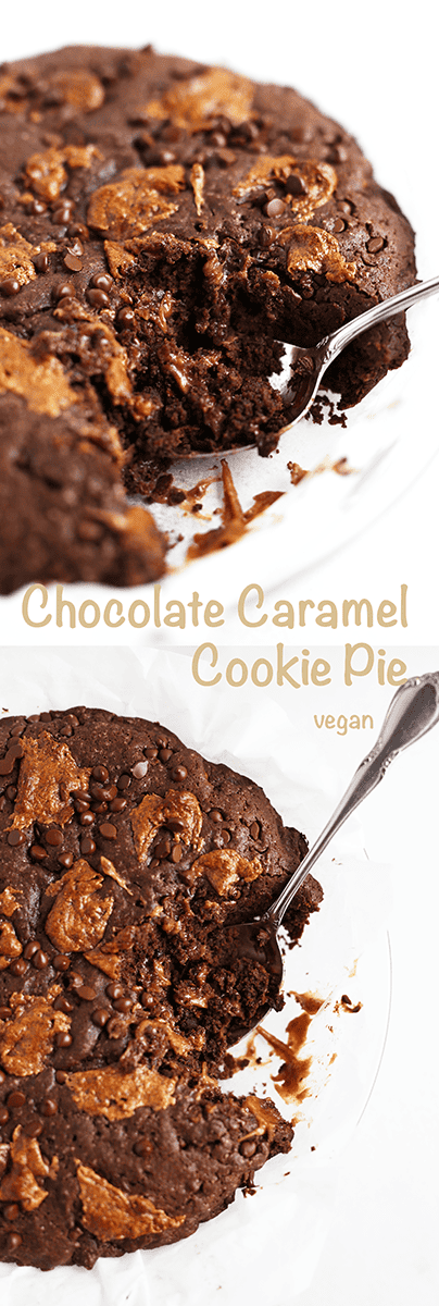 Yes, cookie and pie come together to form this super yummy Chocolate Caramel Cookie PIe that is vegan and so tasty! loaded with chocolate chips and caramel!