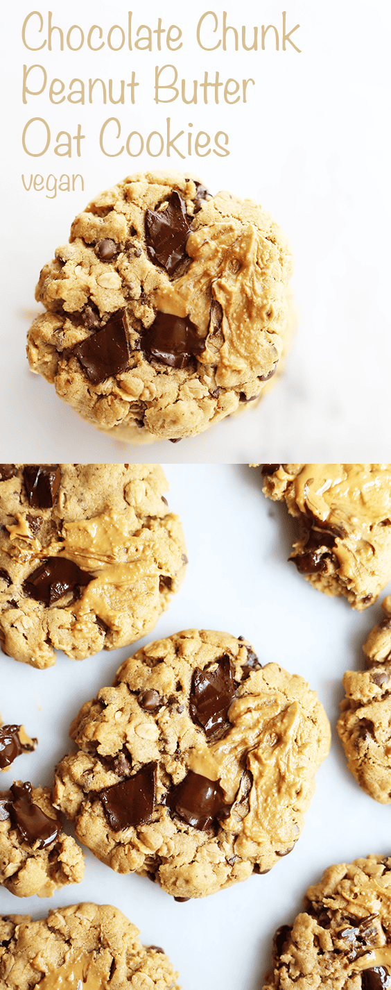 This easy homemade vegan Chocolate Chunk Peanut Butter Oat Cookie tastes like a granola bar meets peanut butter cup in the form of a delicious cookie!