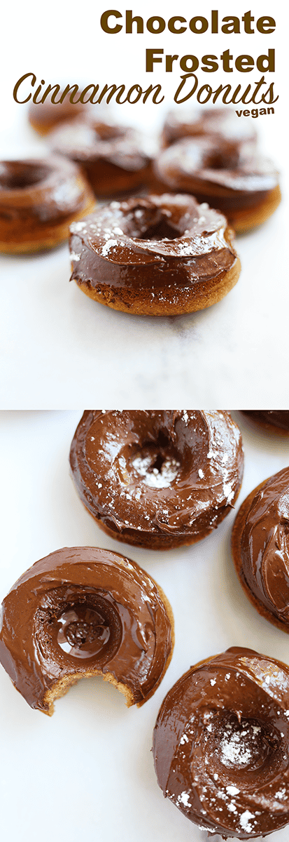 These Chocolate Frosted Cinnamon Donuts are super light and moist in the center with a rich chocolate frosted top, only require 1 bowl and vegan or course!
