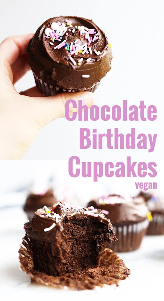 These Chocolate Birthday Cupcakes are the best, soft + moist, indulgent cupcakes ever! Vegan and sweet, easy to make and topped with fun sprinkles.