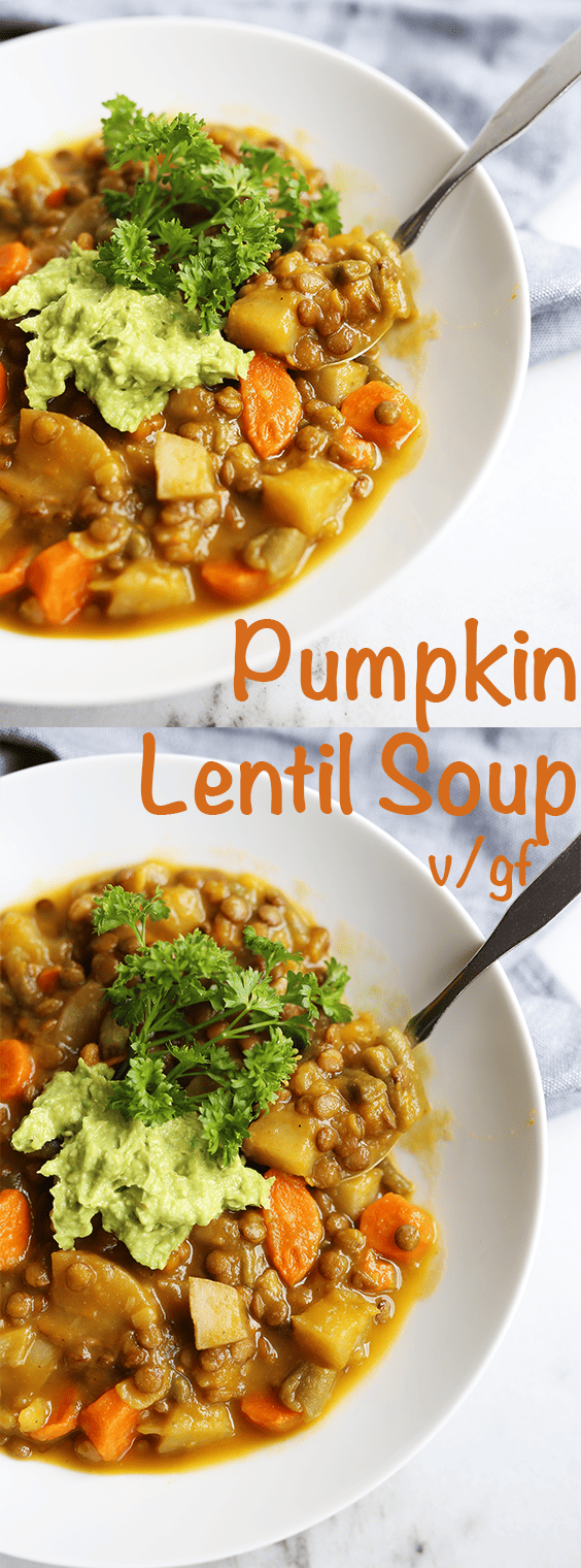 This homemade Pumpkin Lentil Soup is easy and super hearty packed with carrots, potatoes and full of fresh flavors! Vegan and gluten free.