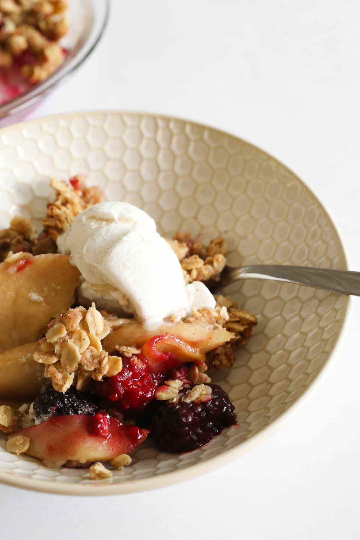 Apple and blackberry crumble topped with vanilla ice cream.