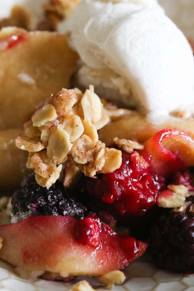 close up of apple blackberry crumble
