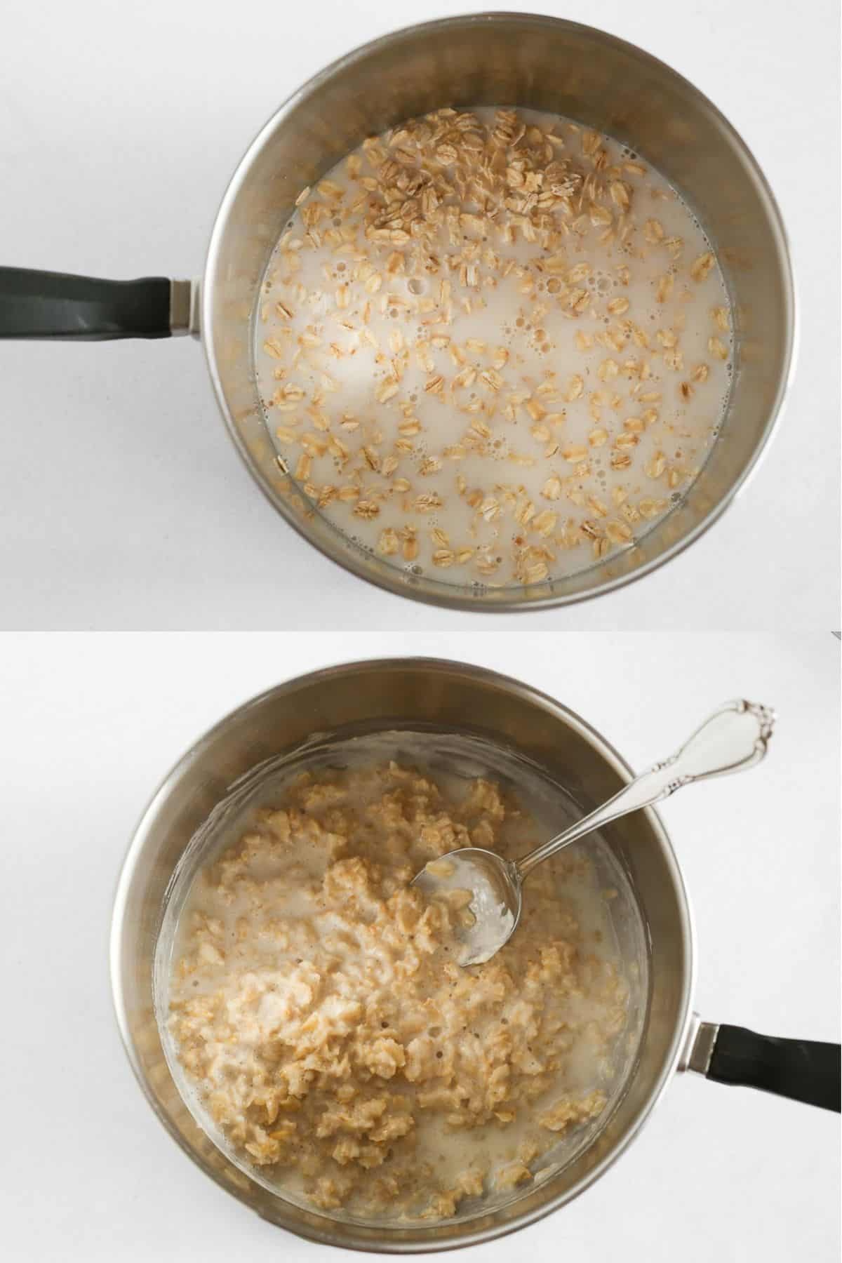 Oatmeal in a pot with milk before and after cooking.