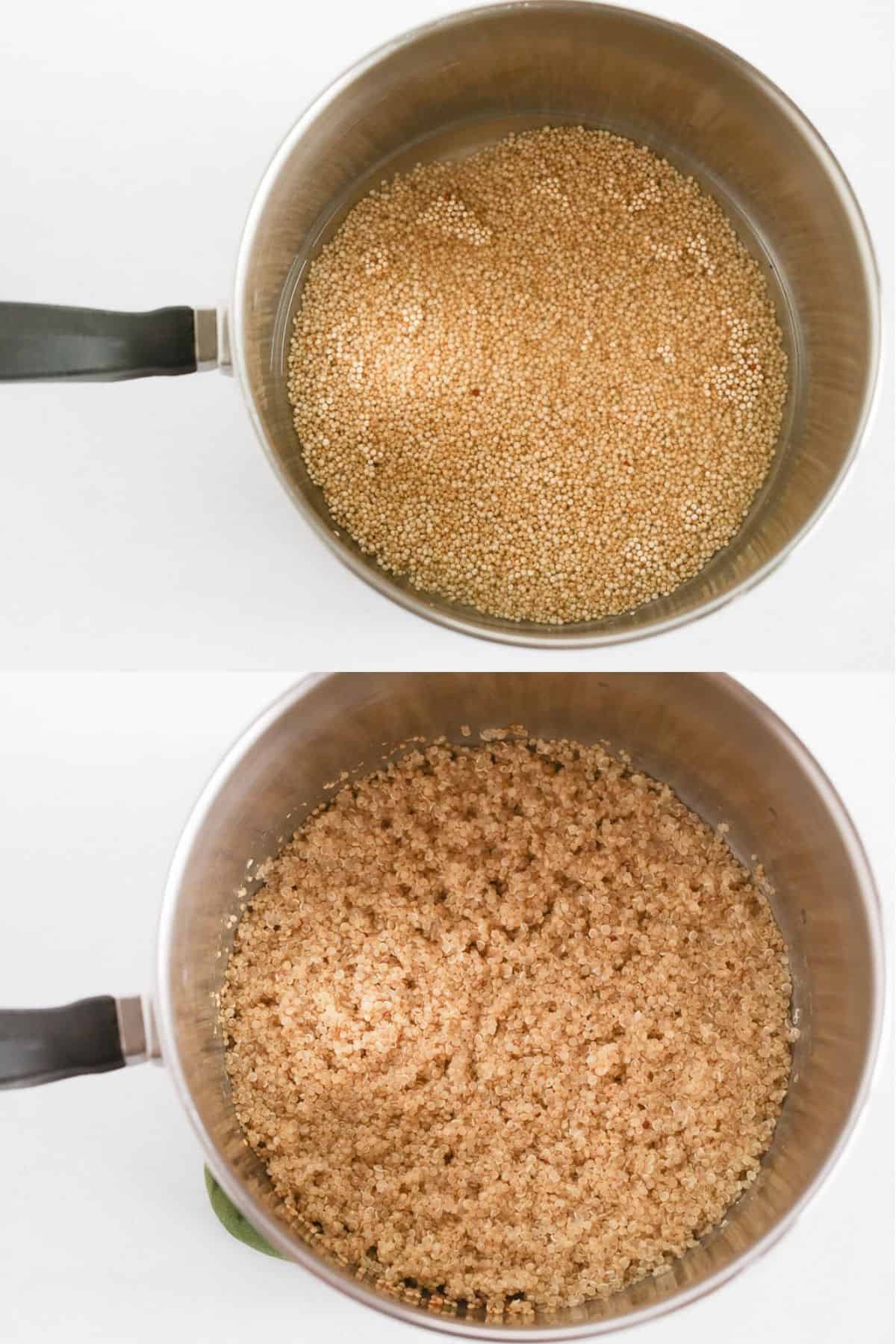The quinoa in a saucepan before cooking and after cooking.