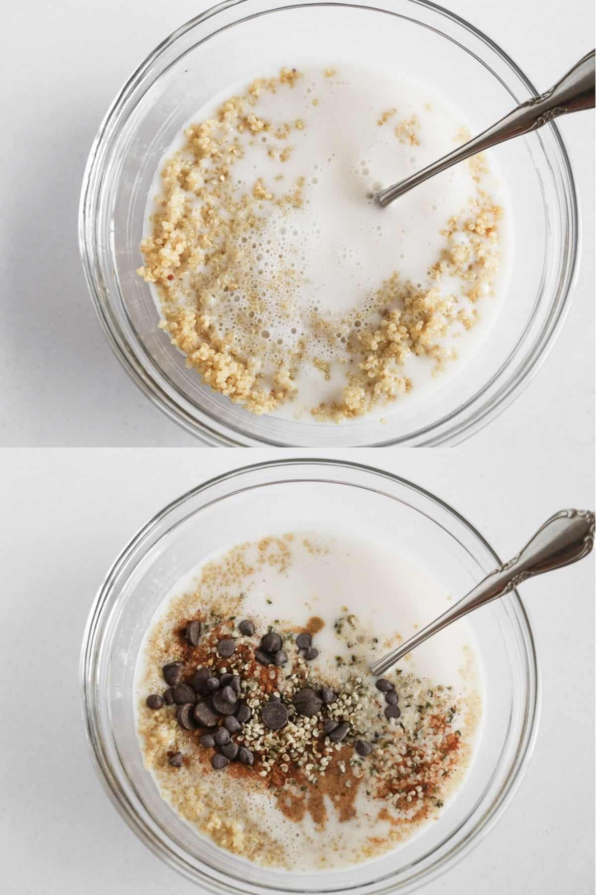 Quinoa and milk in a bowl and then other ingredients added in.