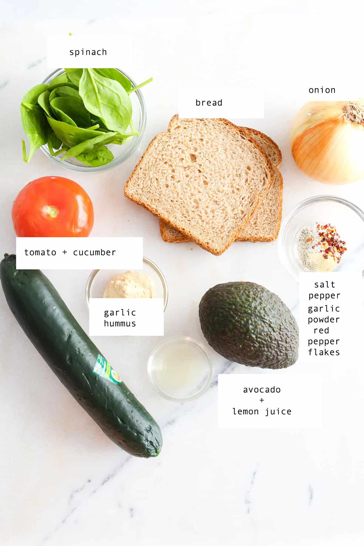 Ingredients to make an avocado sandwich on the counter with text labels.