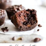 Pin for pinterest graphic with image of vegan chocolate muffins and text on top.