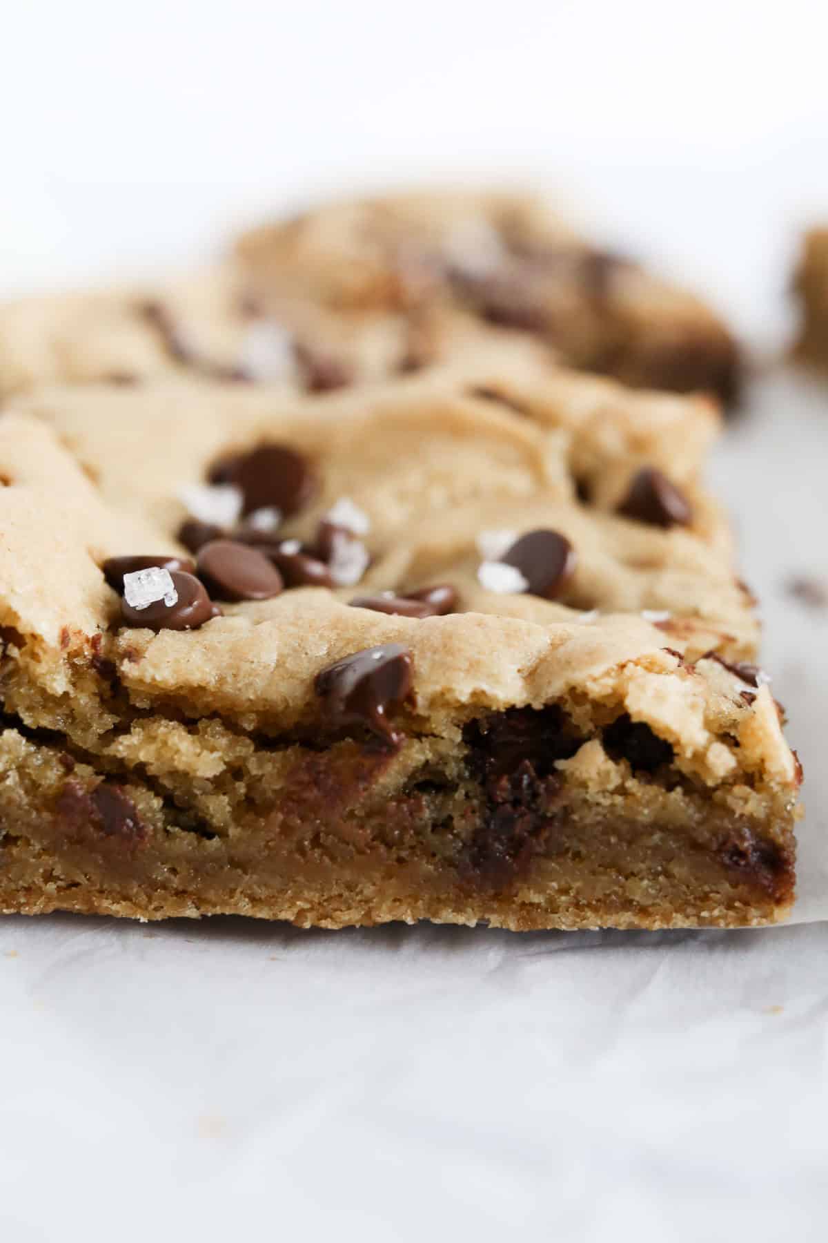 Close up side view of Chocolate Chip Cookie Bars.