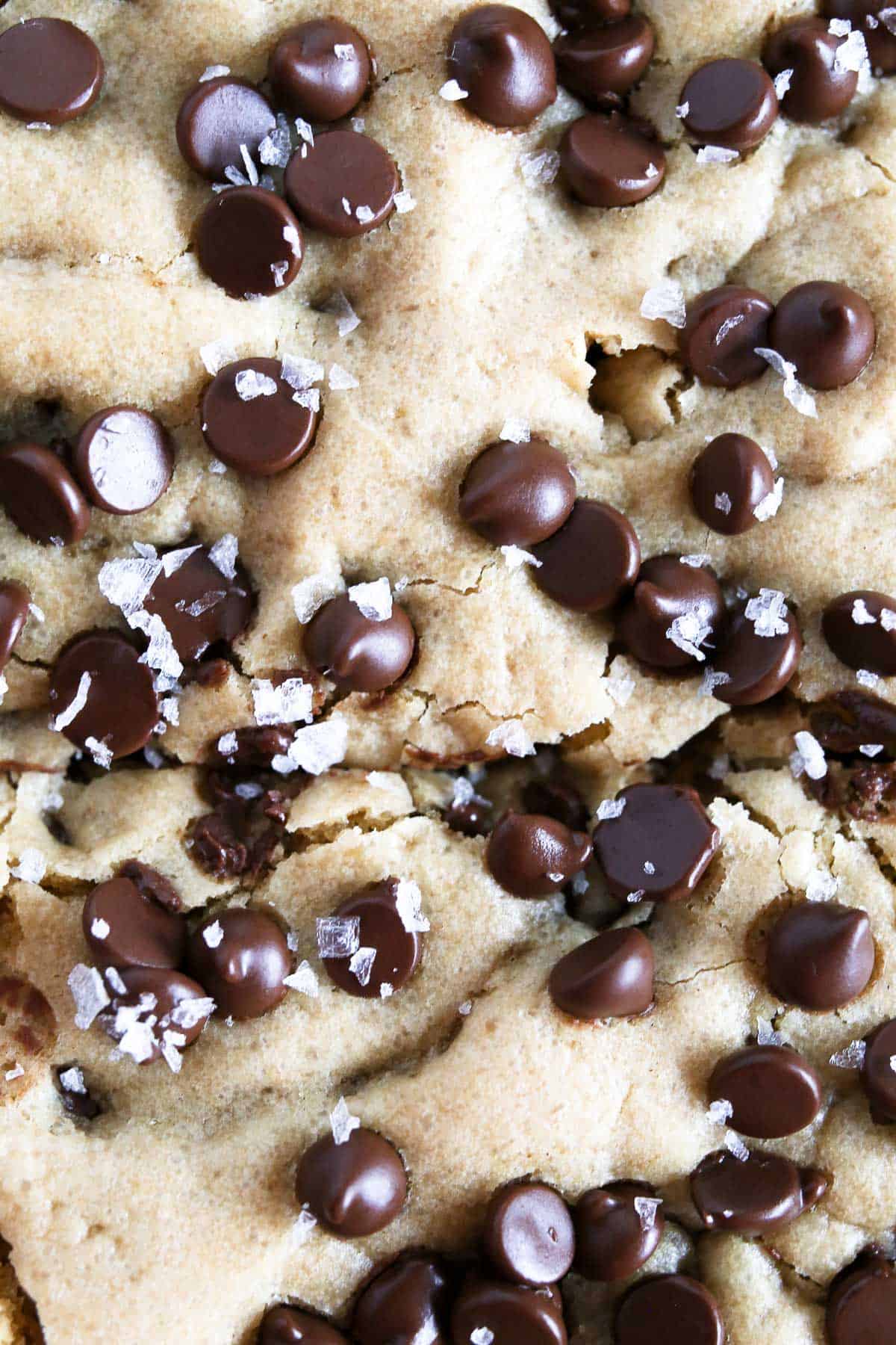 Macro shot of Chocolate Chip Cookie Bars, chocolate chips with flakey sea salt sprinkled on top.