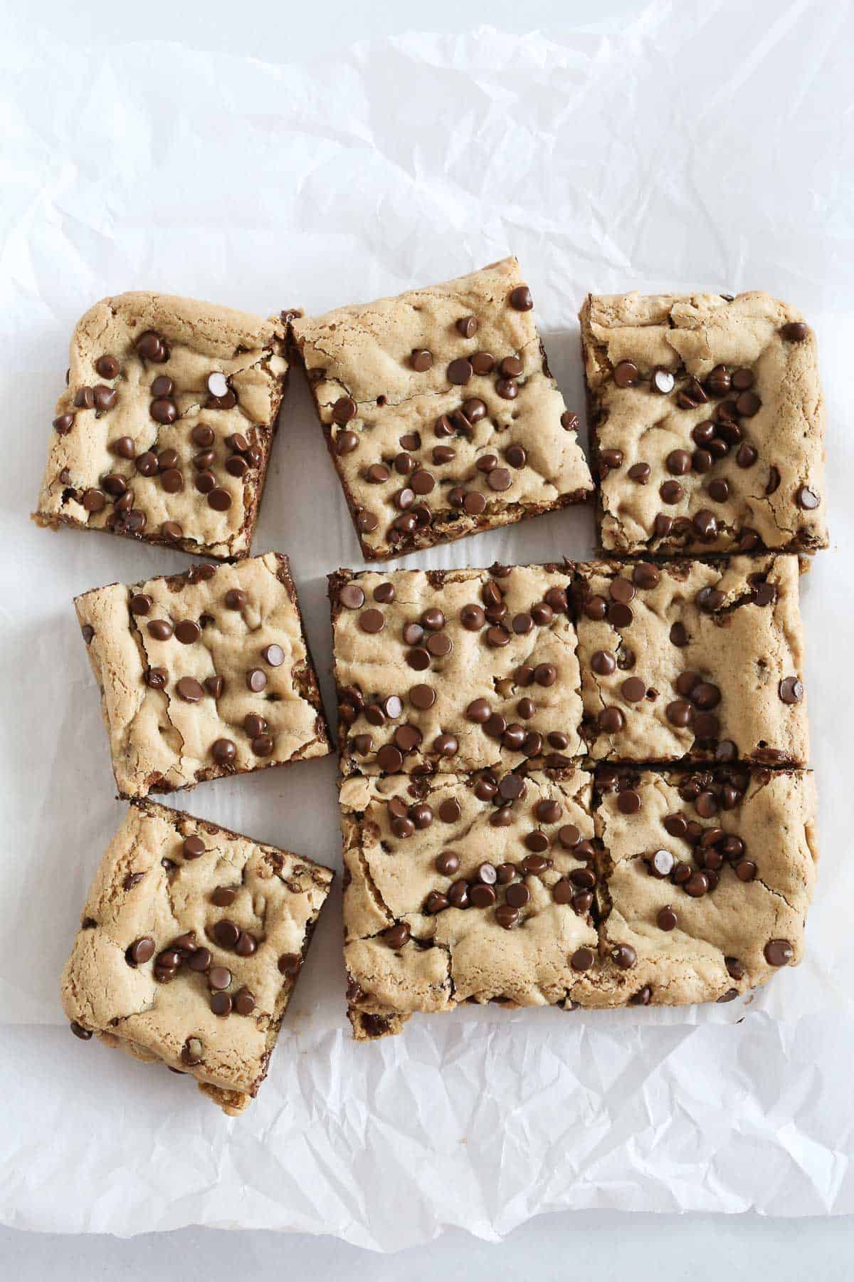 Chocolate Chip Cookie Bars overhead picture, cut into 9 slices.