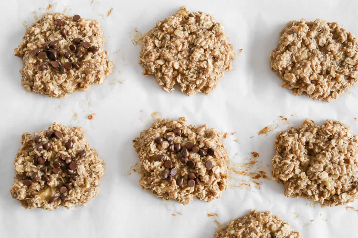 Freshly baked and cooling Banana Peanut Butter Oatmeal Cookies.