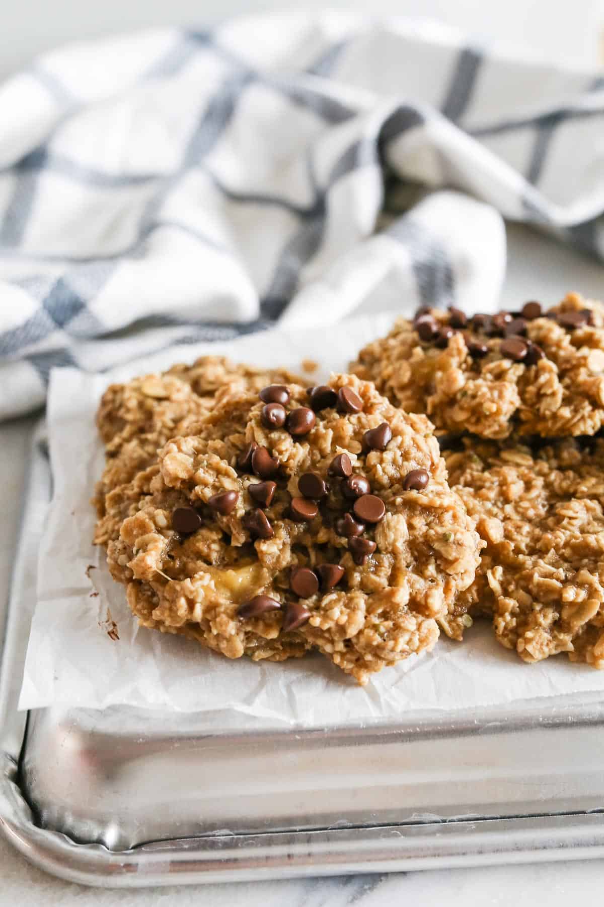 Close up side view of Banana Peanut Butter Oatmeal Cookies.