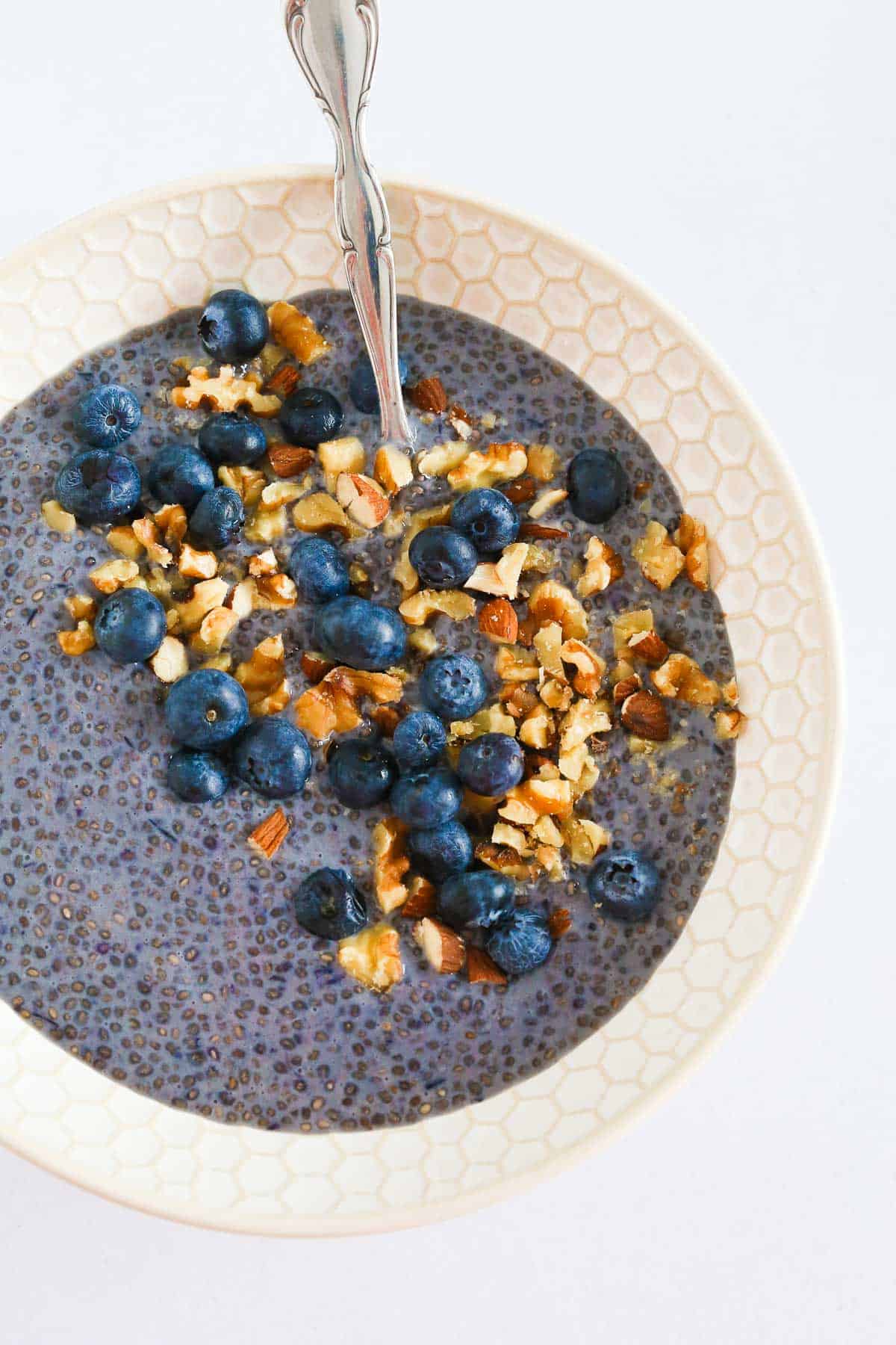 Blueberry Chia Pudding close up in a bowl with blueberry and walnuts toppings.