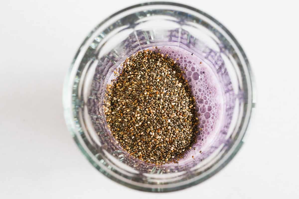 Chia seeds added to blended mixture.