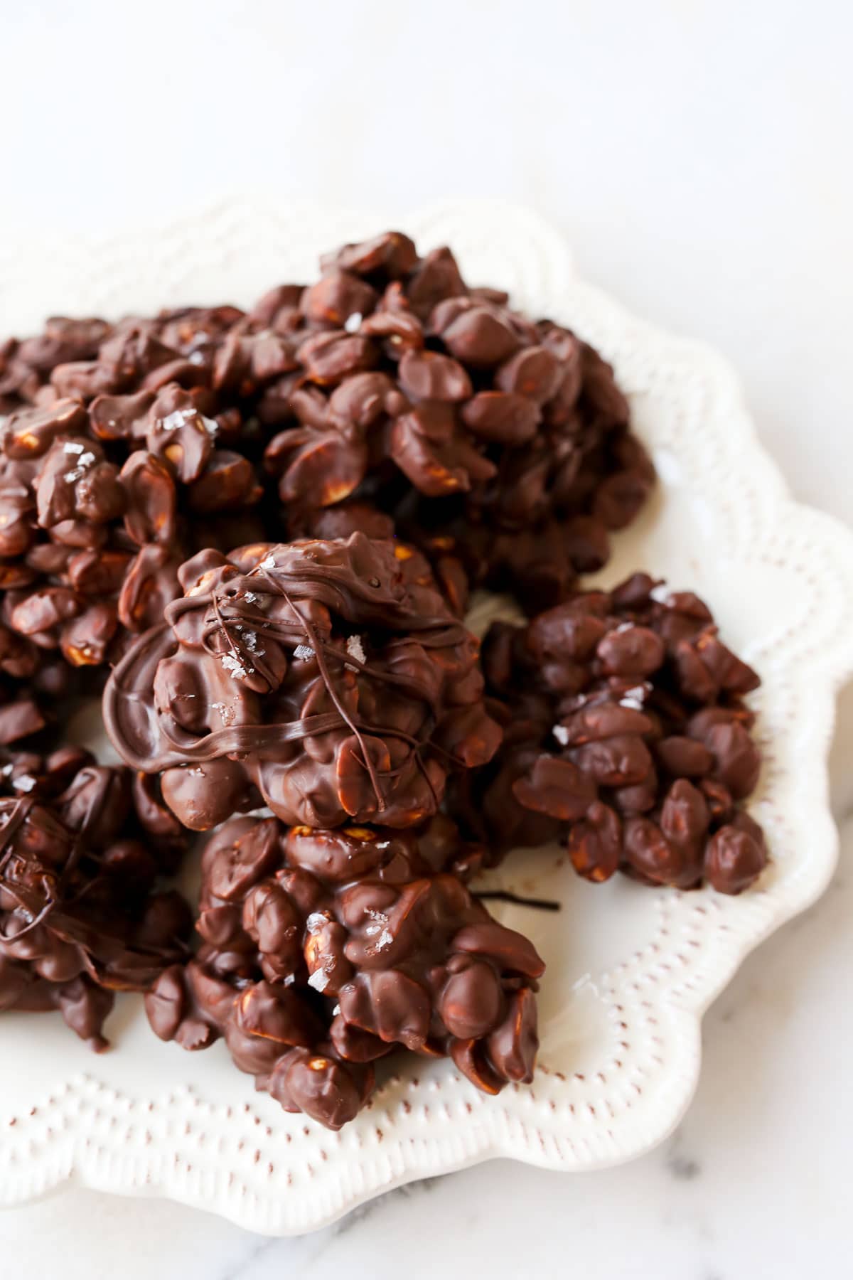 Chocolate Peanut Clusters close up image.