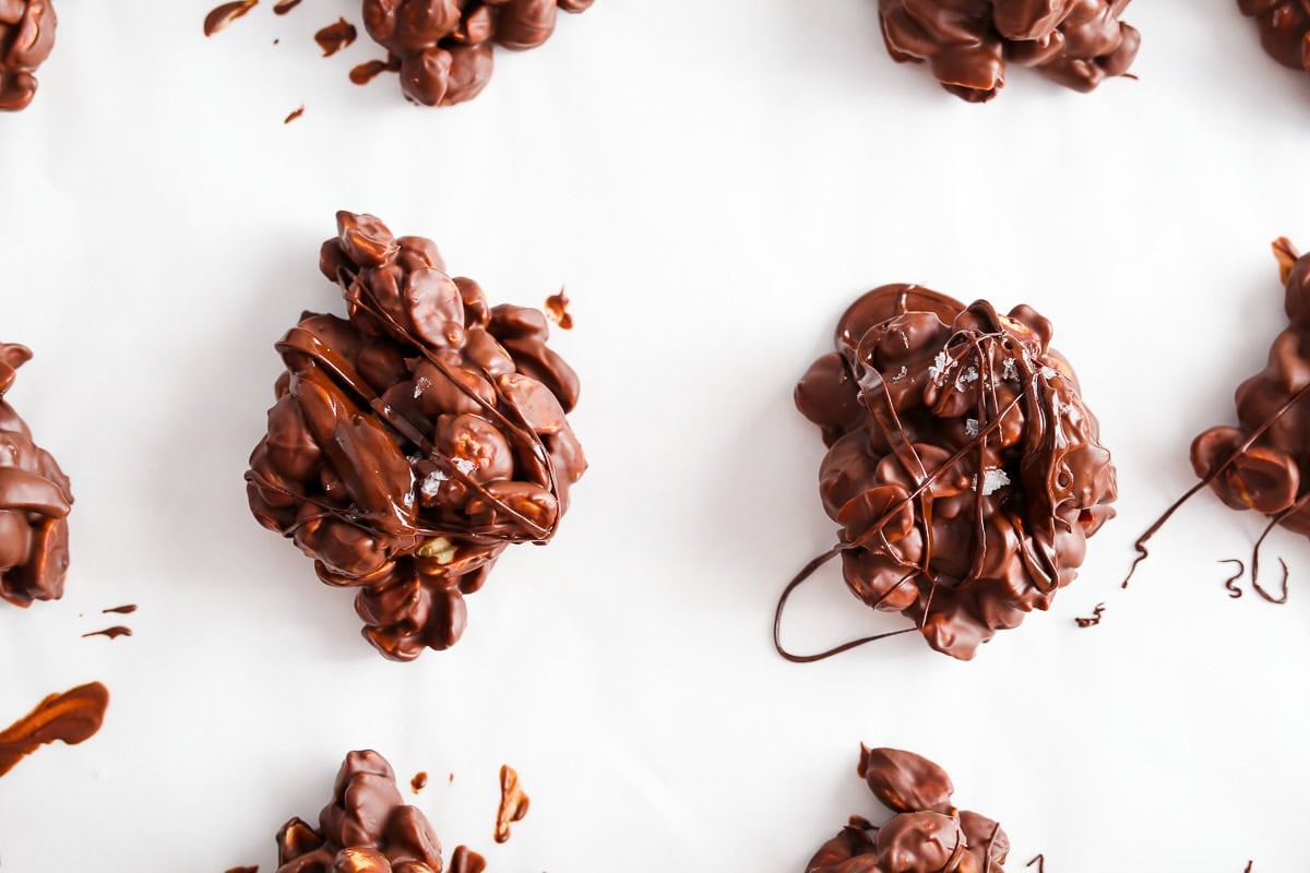 Chocolate Peanut Clusters frozen and set.