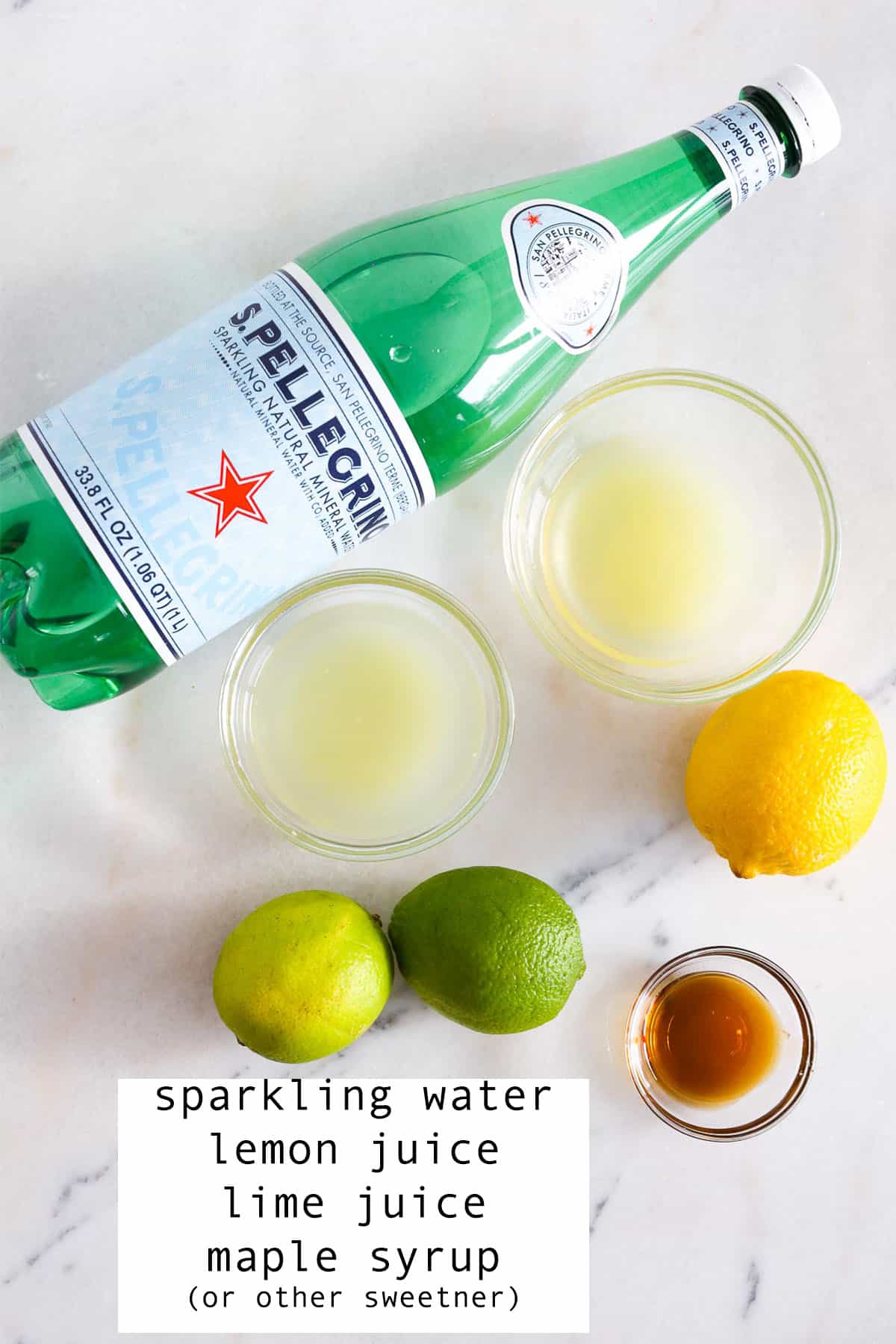 Small glass cups of the ingredients sitting on a marble table,