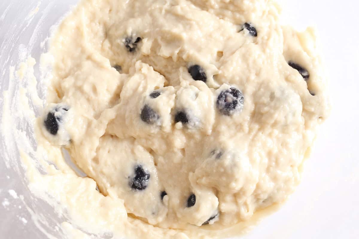 Vegan Blueberry Muffin batter with blueberries added.