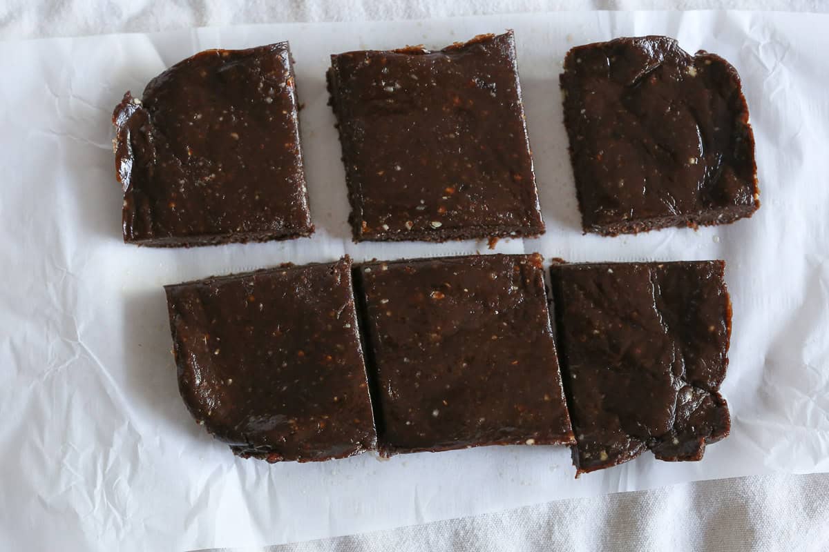 3 Ingredient No Bake Vegan Brownies cut into squares.