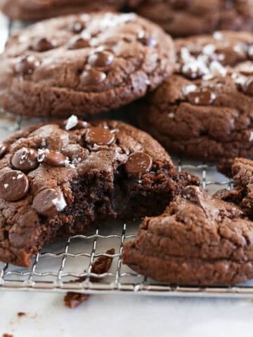 1200x1200 image of eggless double chocolate chip cookies.