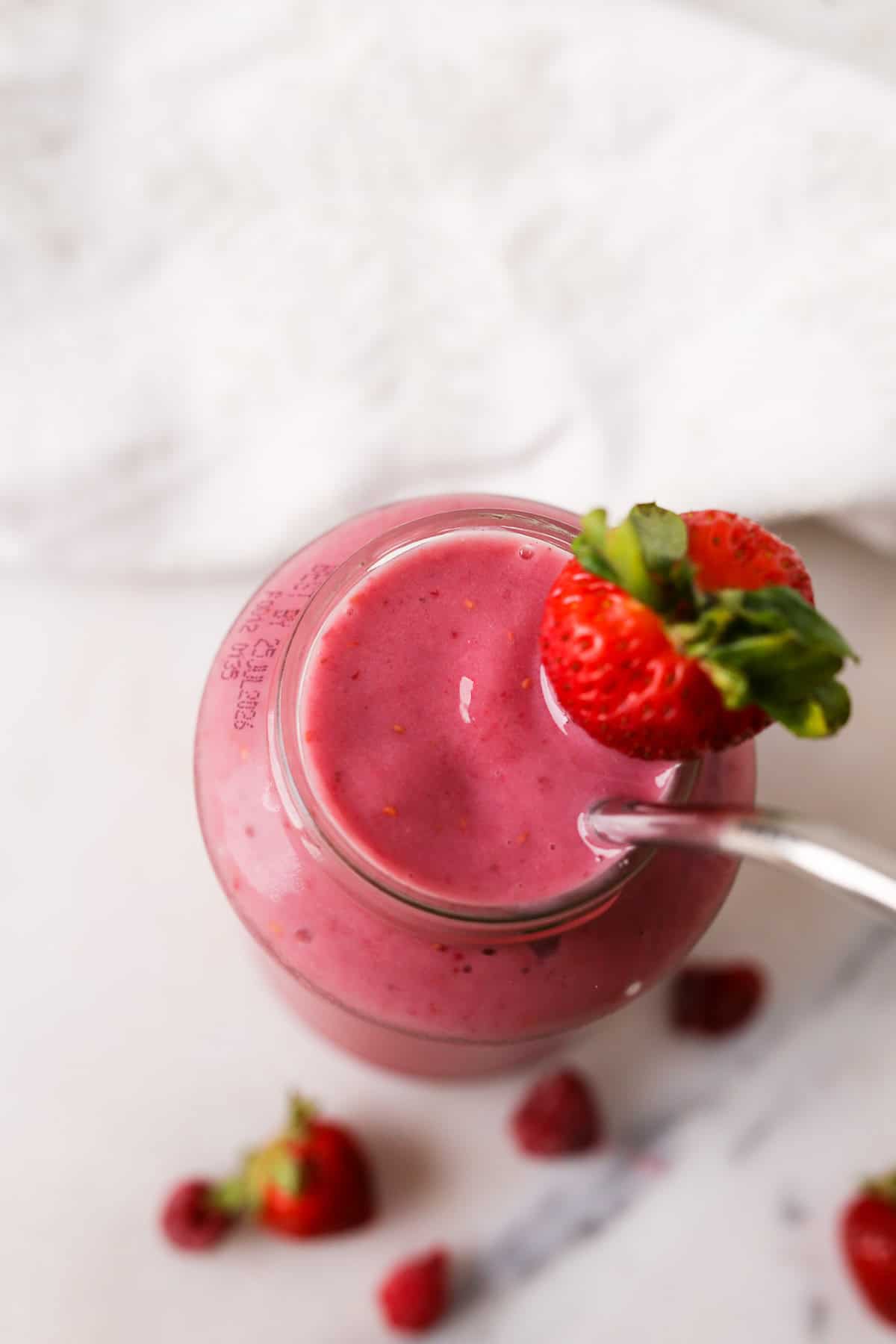 Overhead image of this Strawberry Raspberry Smoothie.