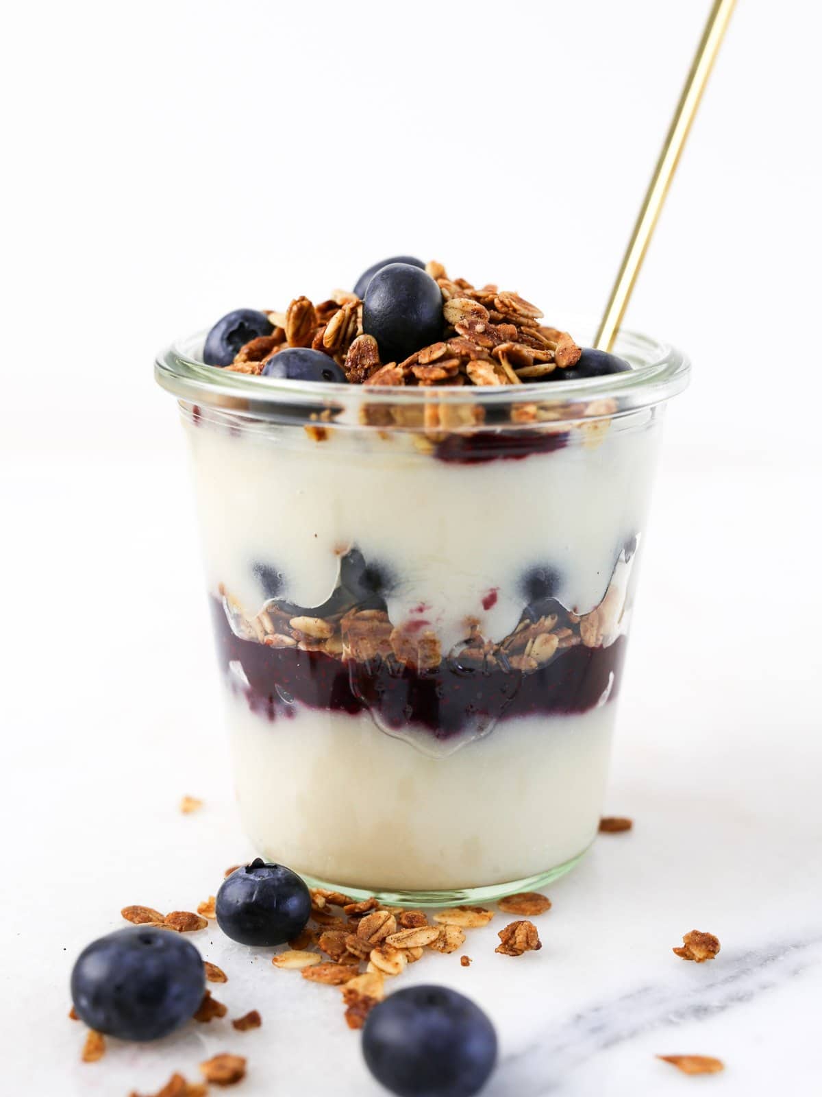 Glass jar close up side view image of this parfait.