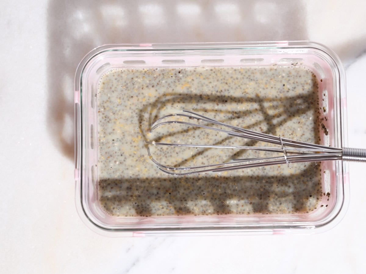 Everything all whisked up to make this peanut butter chia pudding.