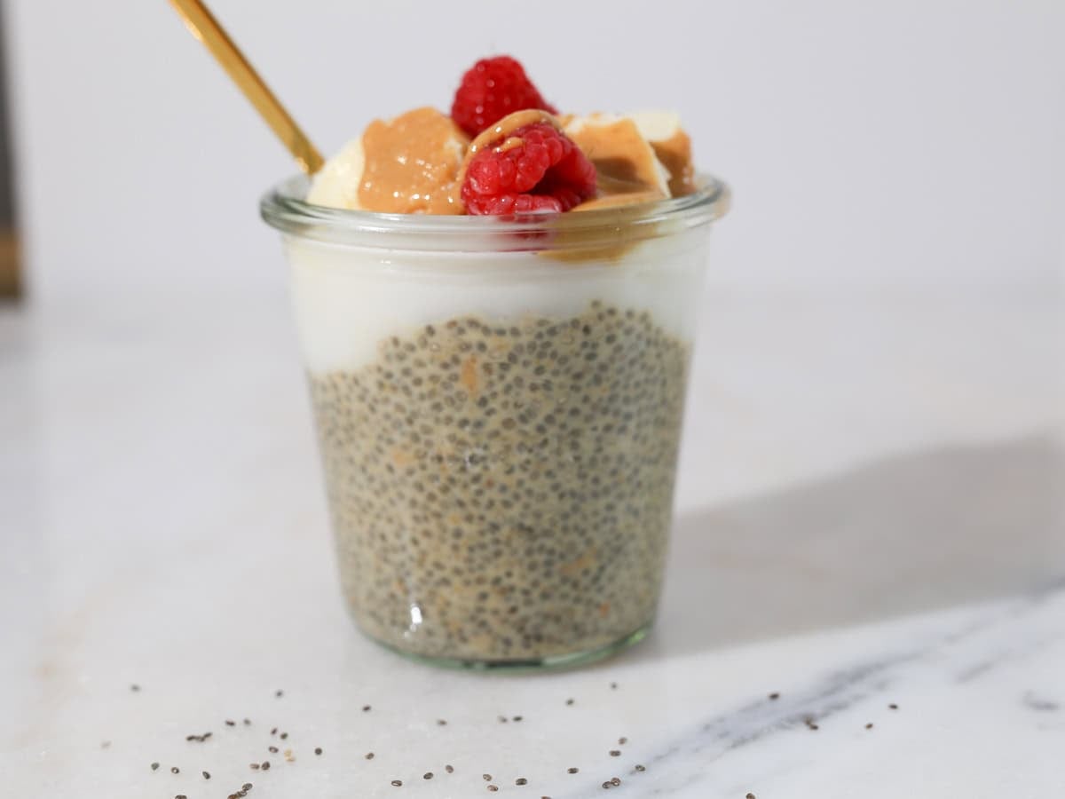 Chia peanut butter pudding with topping of yogurt and fruit.