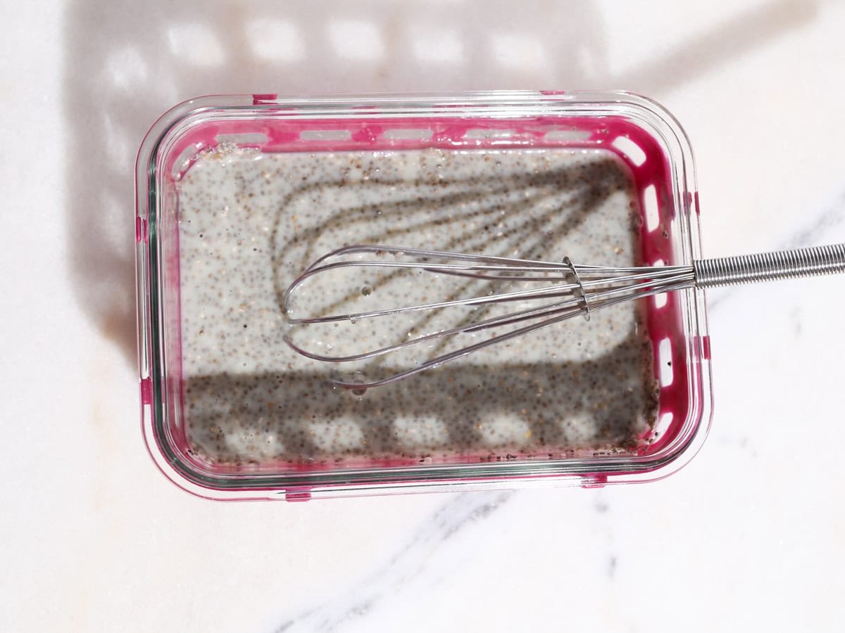 Storage container with chia seed and milk.