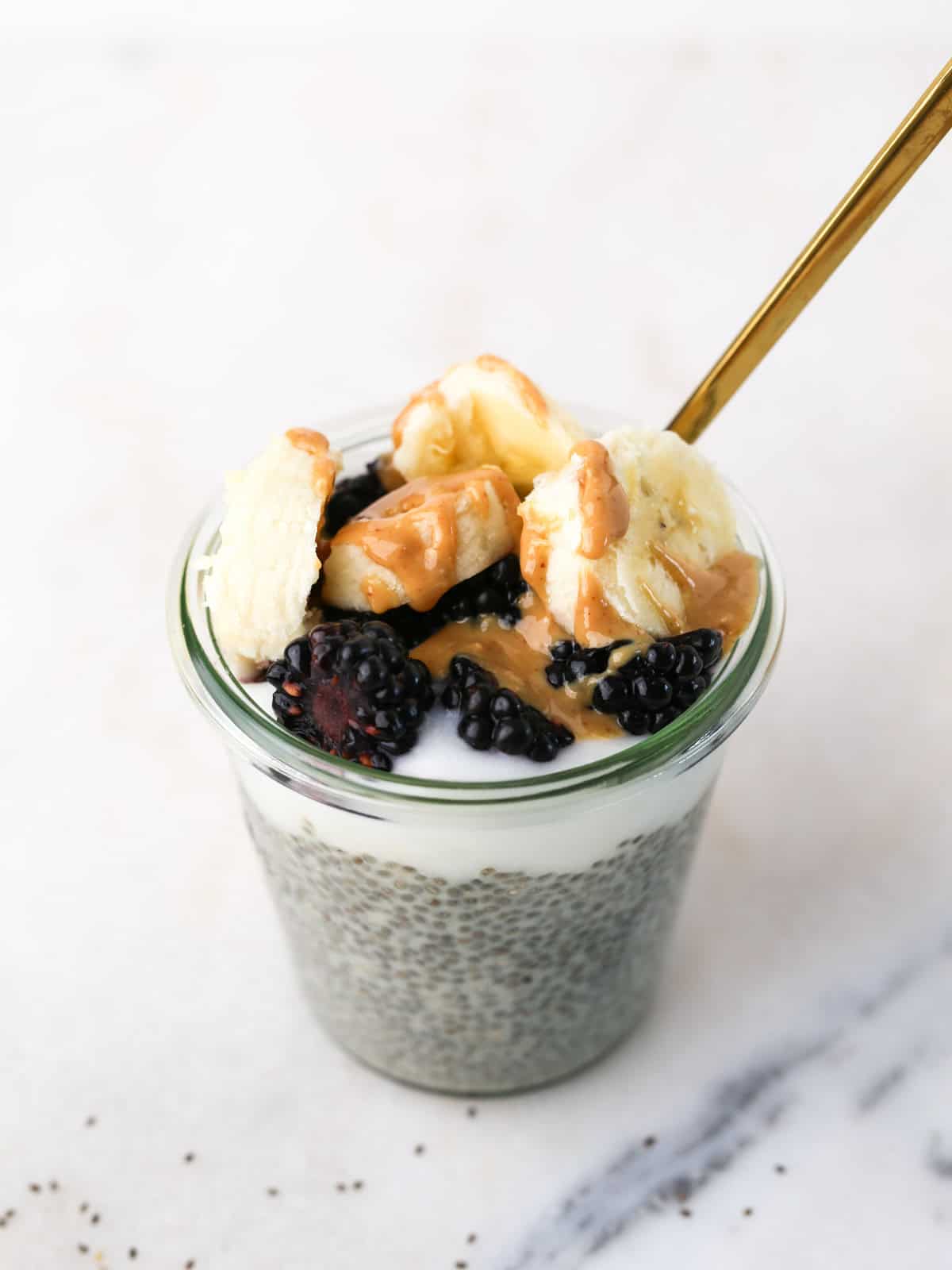 Top overhead image of this pudding with chia seeds.
