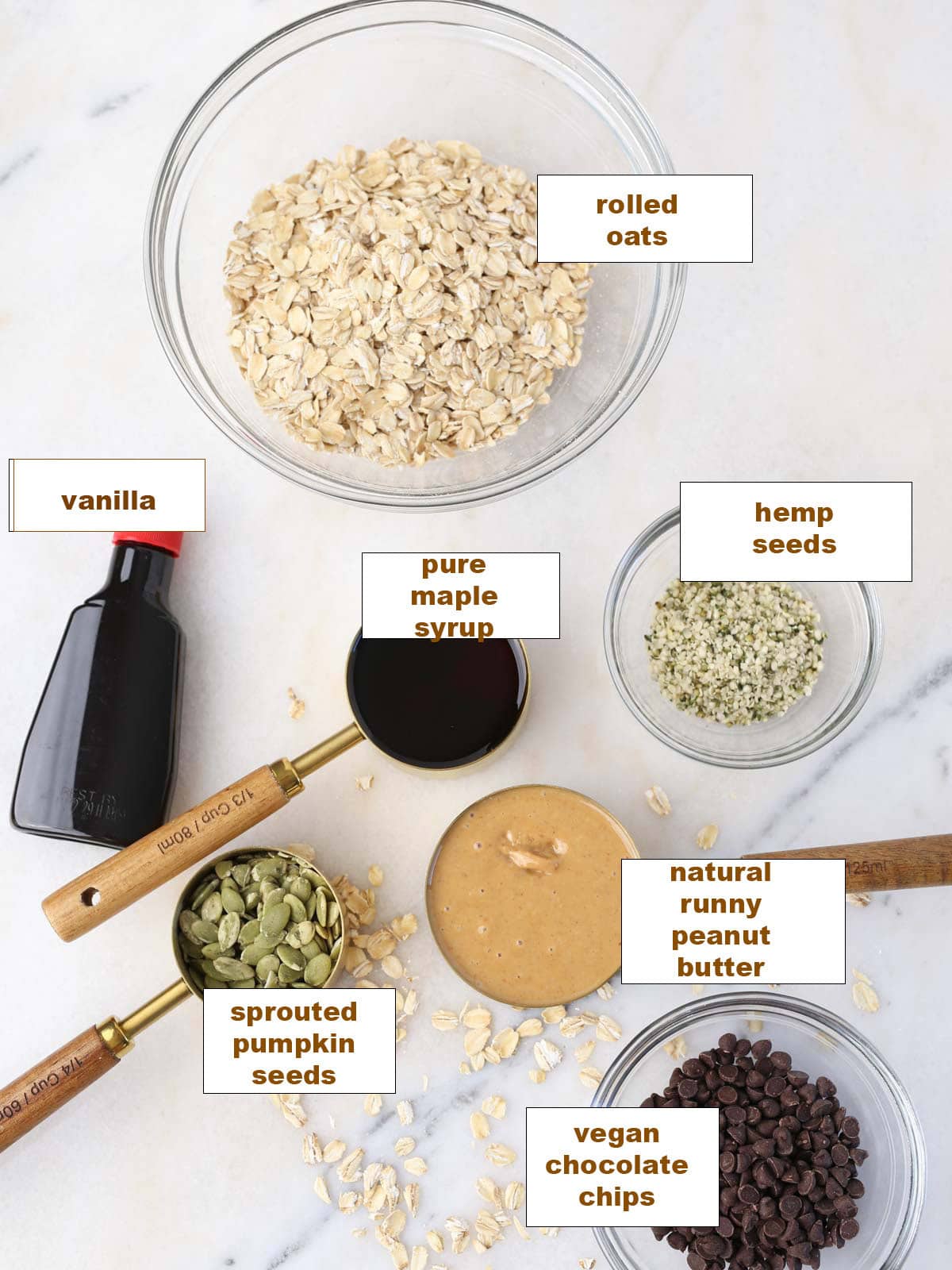 Ingredients to make chocolate chip protein balls.