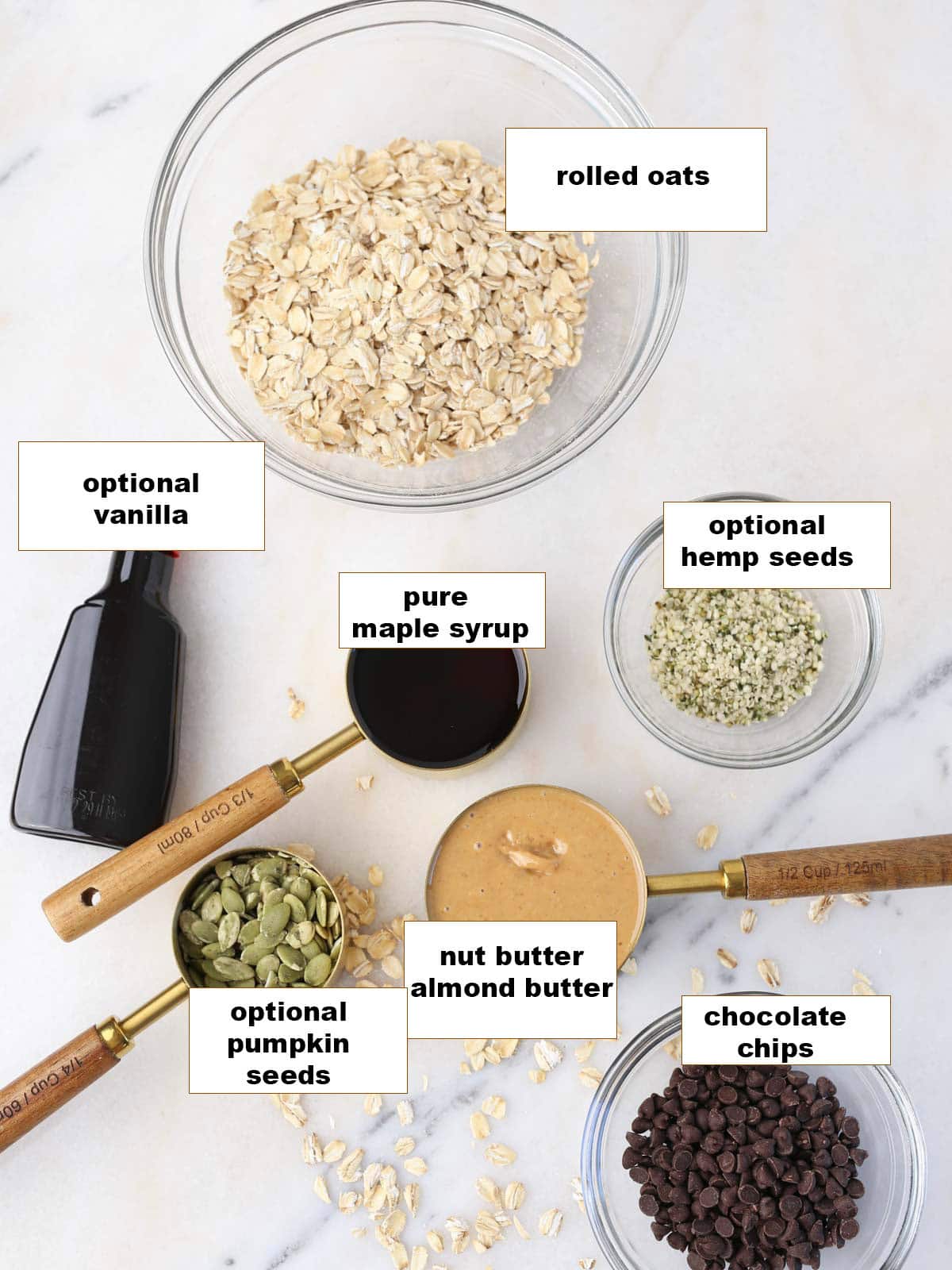 Ingredients ti make protein balls with almond butter.