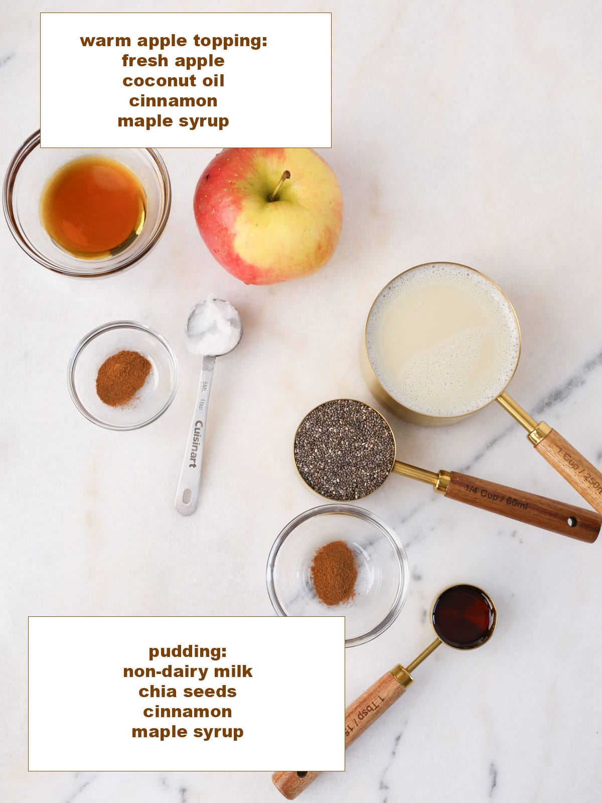 Ingredients to make this apple chia seed pudding in small glass bowls sitting on marble surface.