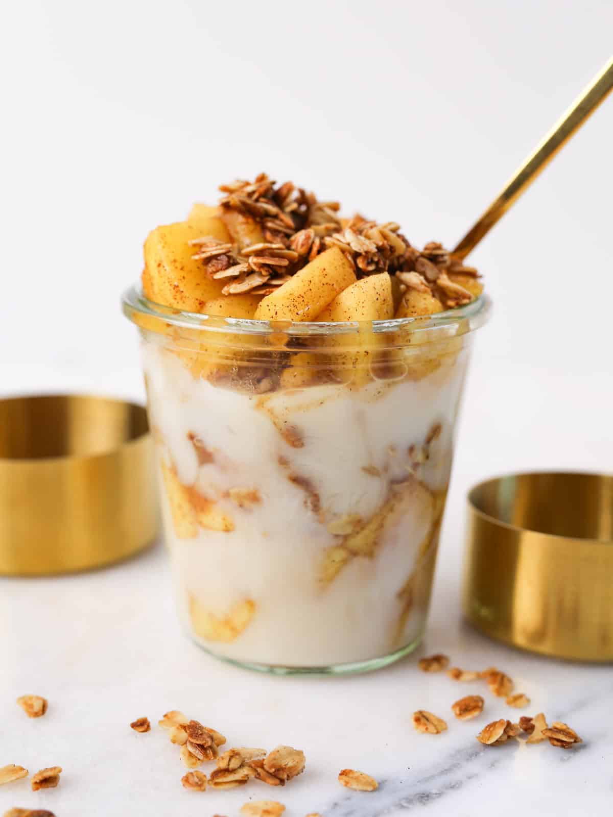 Close up image of this cinnamon apple parfait.