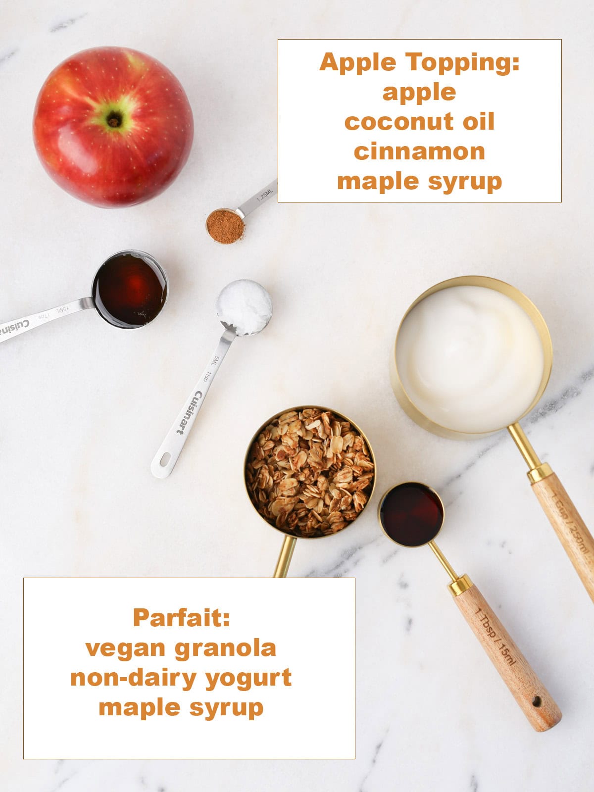 Ingredients measured out on marble surface to make this apple yogurt parfait.
