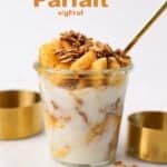 Pinterest image with text of this fall apple yogurt parfait.