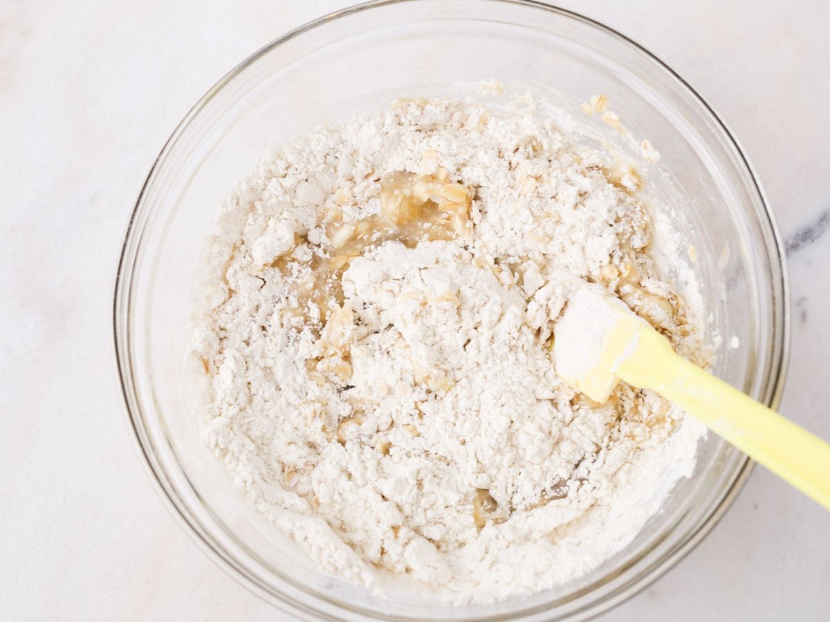 Fry ingredients being added to the wet ingredients.