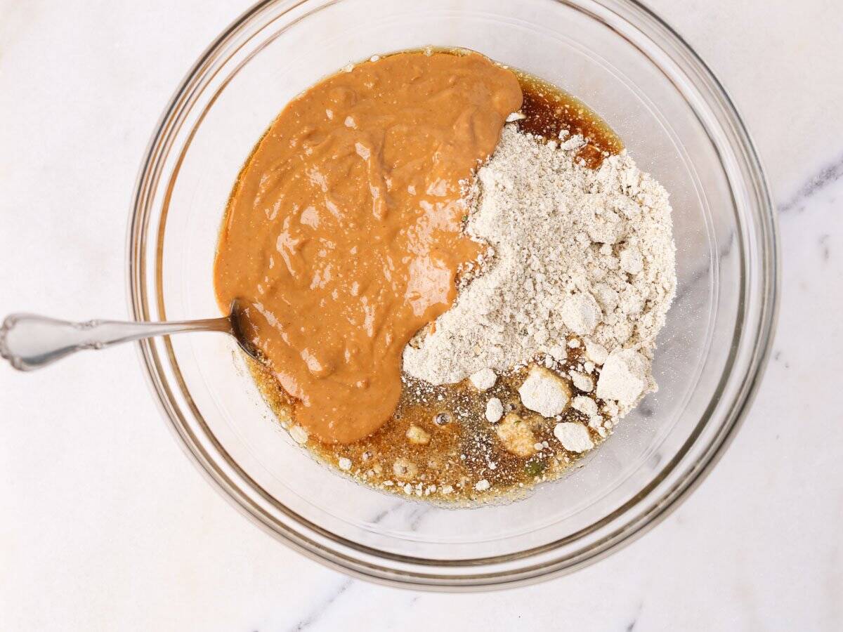 Glass bowl with ingredients ready to be mixed.