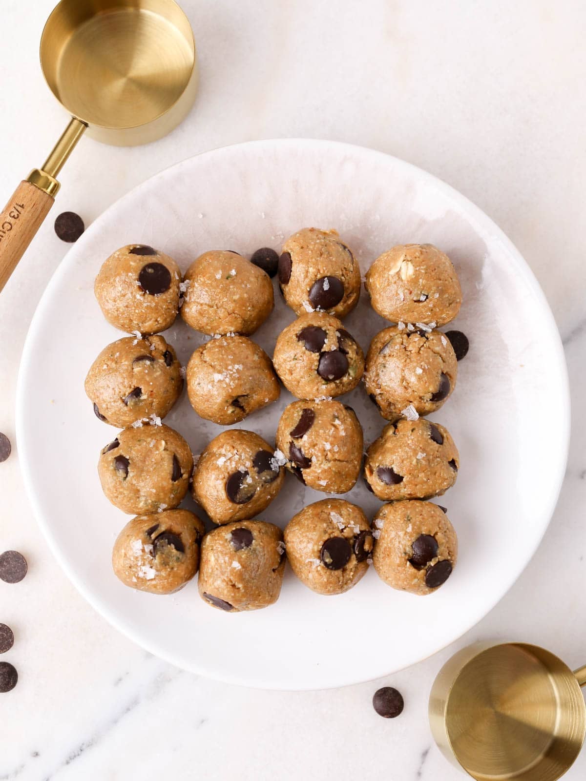 Overhead image of these cookie dough protein balls lined up.