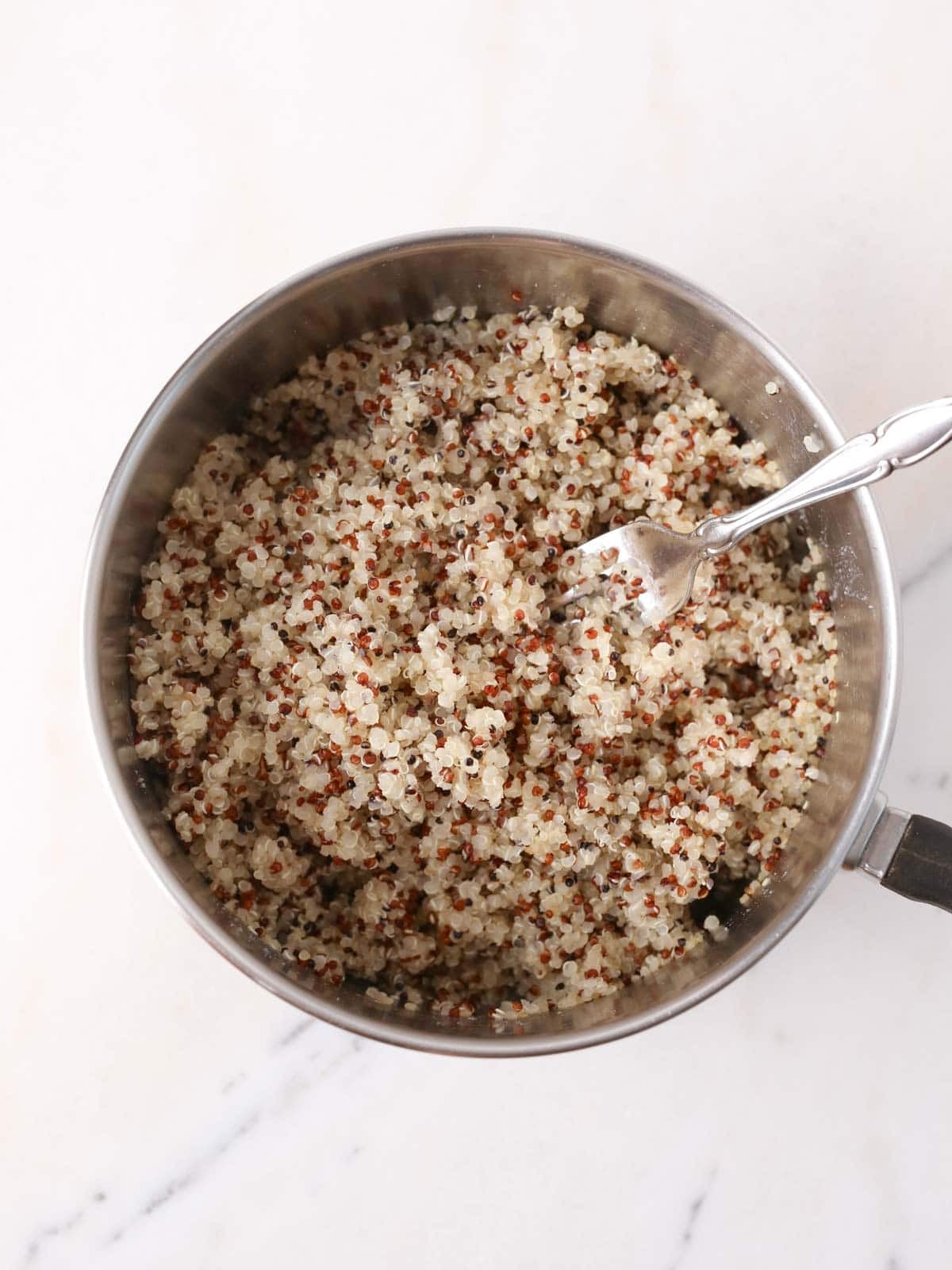 Cooked quinoa in pot.