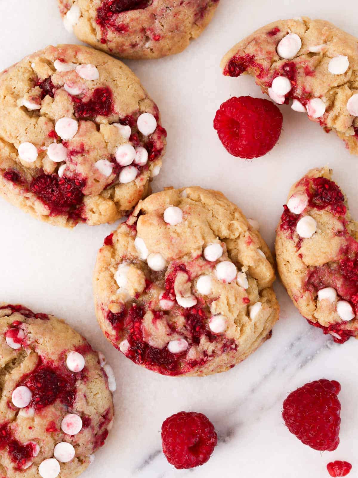 Overhead image of white choc and raspberry cookies.