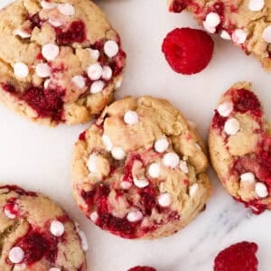 1200x1200 image of white chocolate raspberry cookies.