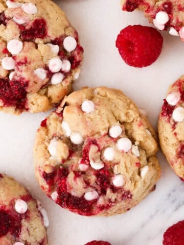 1200x1200 image of white chocolate raspberry cookies.
