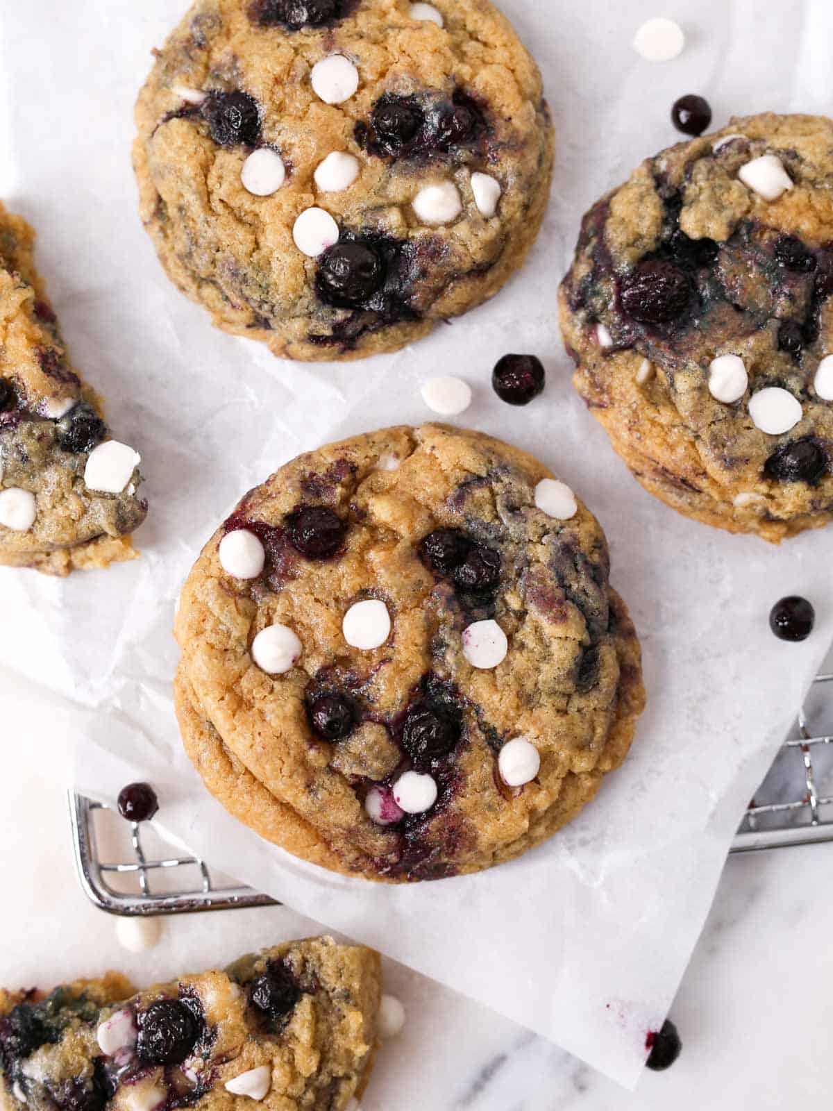 Blueberry and white chocolate cookies overhead close up image.