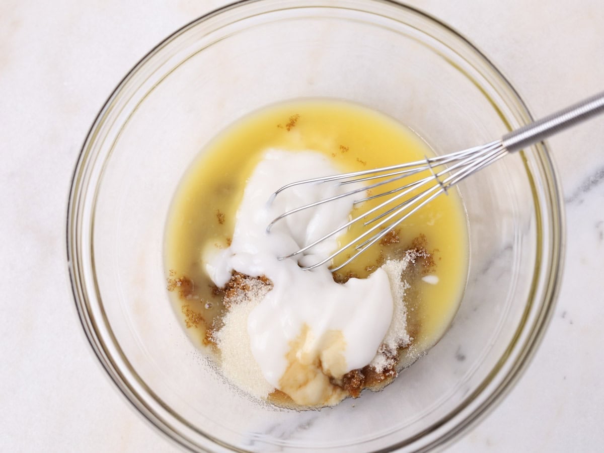 Wet ingredients in glass bowl.