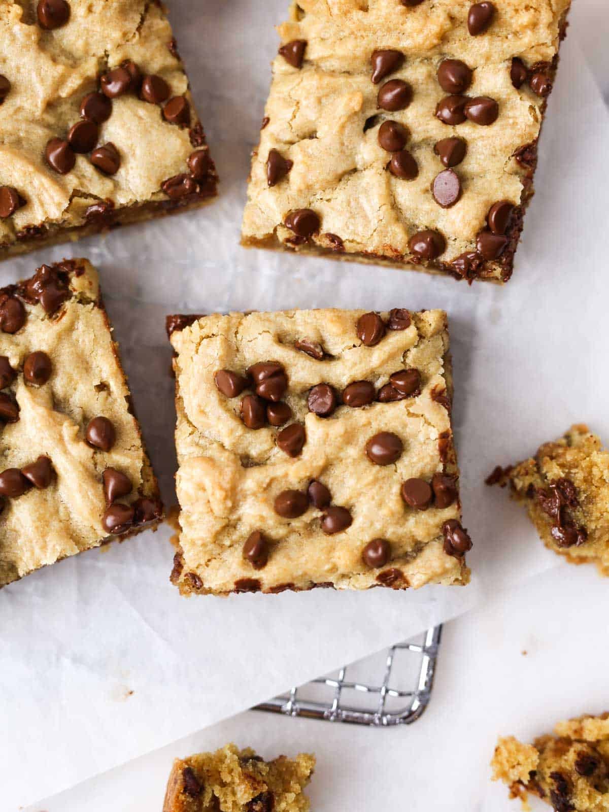 Overhead close up image of chocolate chip cookie bars.