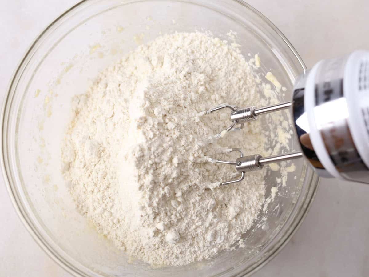Flour added to creamed butter and sugar.