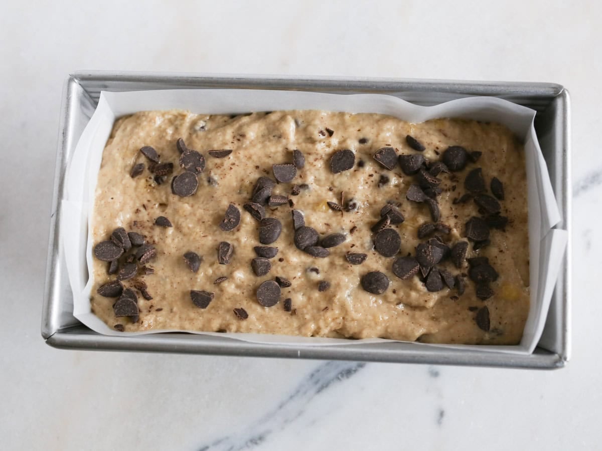 Batter added to loaf pan ready to be baked.