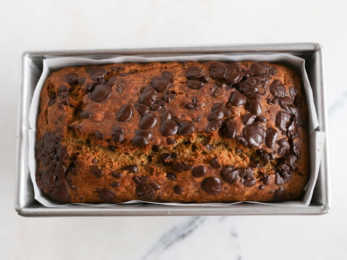 Freshly baked chocolate chunk banana bread.